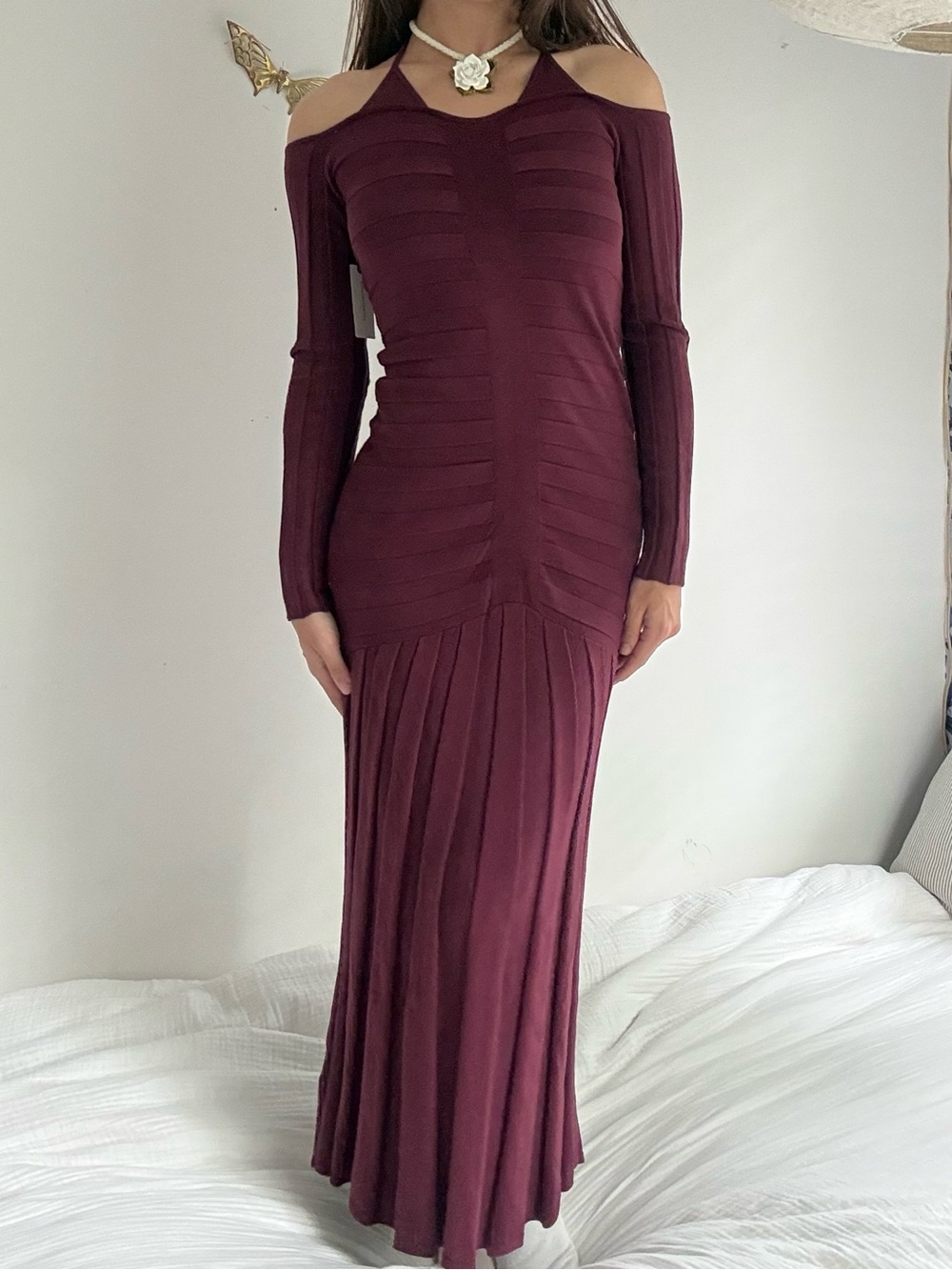 Anthropologie wine red bandage knit maxi dress xs